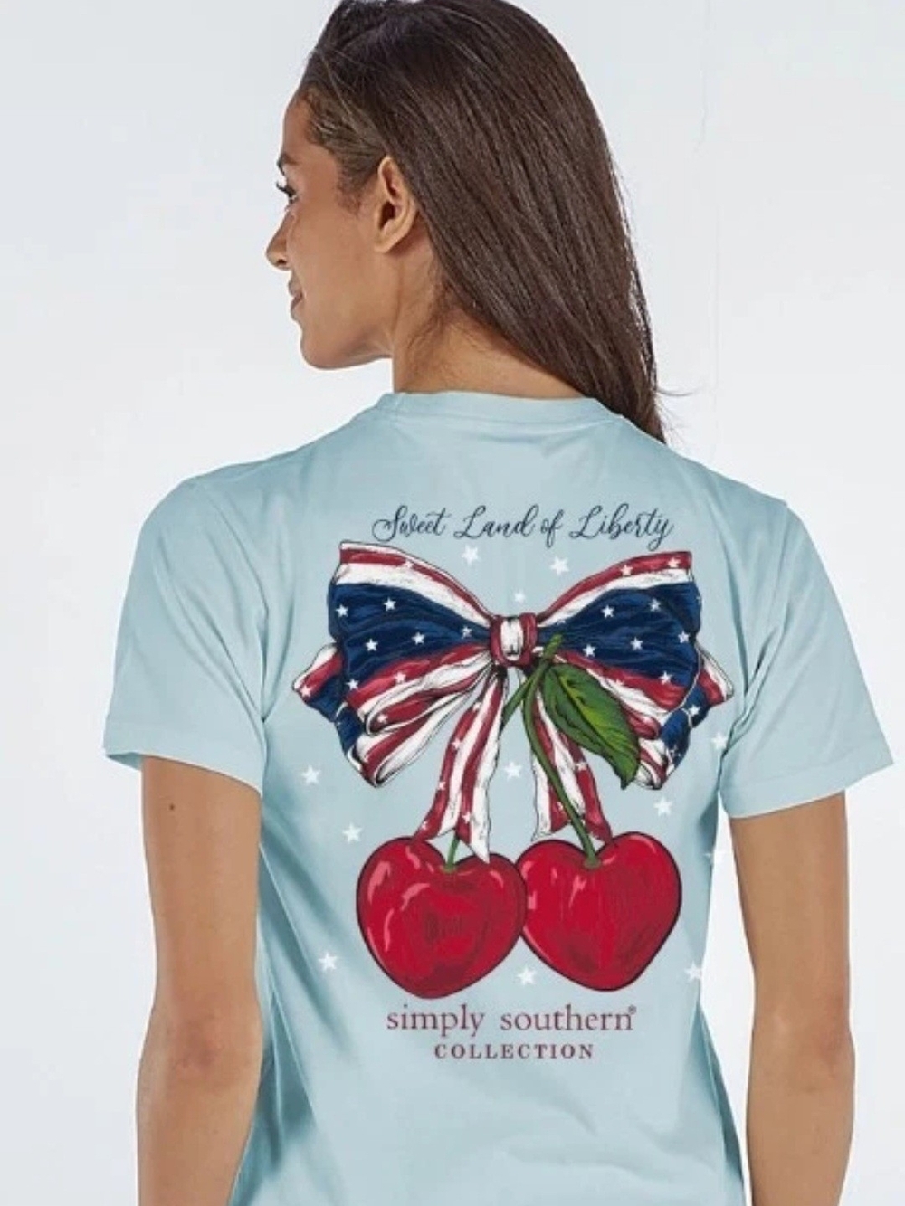 Simply Southern Sweet Land Liberty Bow Cherry Short Sleeve T Shirt Womens M NWT